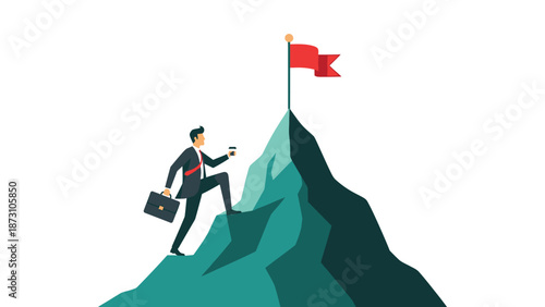 Businessman climbing a mountain toward a red flag symbolizing achievement