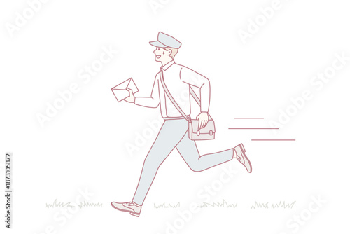 Working as postman with letters concept. Young smiling man working as postman wearing uniform running hurrying up with letter for person vector illustration