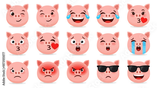 Collection of Pig Emojis Expressing Various Emotions and Feelings, Perfect for Digital Communication and Social Media