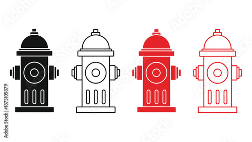 Collection of four stylized fire hydrant icons in solid, outline, red, and monochrome styles