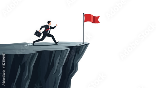 Businessman running toward a red flag positioned on the edge of a steep cliff