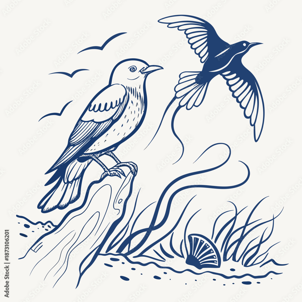 Obraz premium Birds on the Beach A Serene Coastal Scene.
