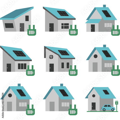 set of solar powered houses 2d cartoon model in flat color block vector illustration