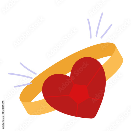 gold engagement ring with red heart gem, romantic marriage proposal illustration