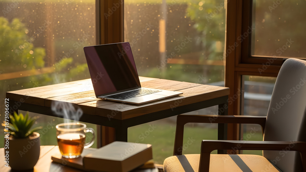 Naklejka premium A laptop sitting on a wooden table next to a steaming cup of tea during a golden sunset or sunrise