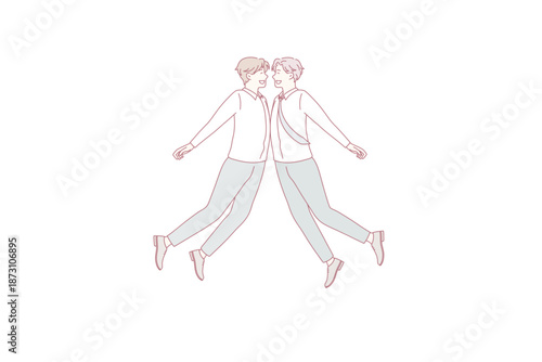 Teamwork collaboration and success concept. Two men colleagues jumping towards each other bumping with bellies celebrating business development vector illustration