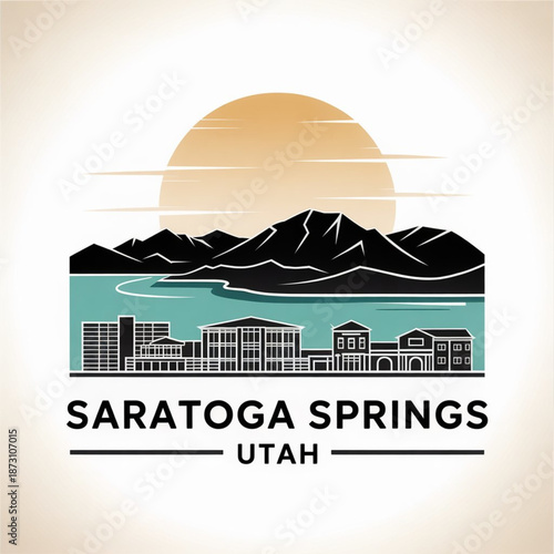 Saratoga Springs Utah Skyline Silhouette — A Scenic Lakeside City at the Foot of the Wasatch Mountains Vector Illustration