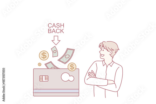Getting cash back money concept. Smiling man standing and looking at huge credit card getting cash back profit money having income vector illustration