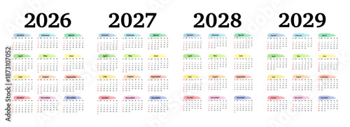 Set of calendars for 2026, 2027, 2028 and 2029 on a white background