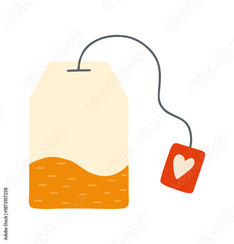 tea bag with heart tag, romantic hot drink and caffeine love illustration