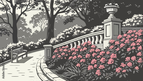 Elegant Garden Scene with Pink Flowers and Bench.