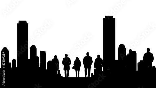 Business people walking against city skyline silhouette background vector illustration urban lifestyle scene professional commuters group in downtown district 