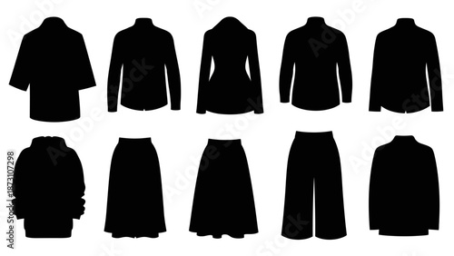 Collection of various black silhouette casual and formal clothing garments includes tops jackets skirts and pants fashion and apparel design template vector set for style concept