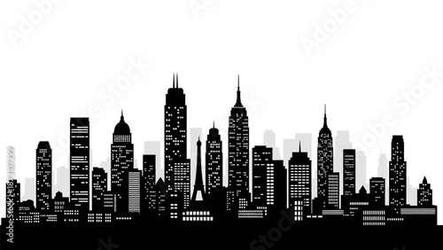 Detailed night city skyline silhouette with illuminated windows vector illustration urban street scene architecture panorama backdrop modern metropolis 