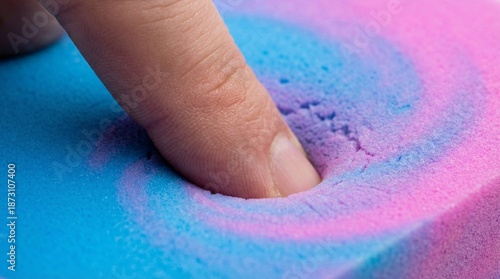 Bilde på lerret Macro shot of finger pressing into blue and pink memory foam
