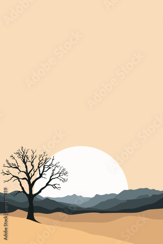 Minimalist barren tree silhouette against large setting sun, layered gray mountains, beige foreground landscape, flat vector illustration evoking solitude, hope and nature's quiet resilience.