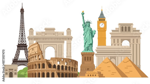 Famous Landmarks Collage: Eiffel Tower, Statue of Liberty, Big Ben, Pyramids