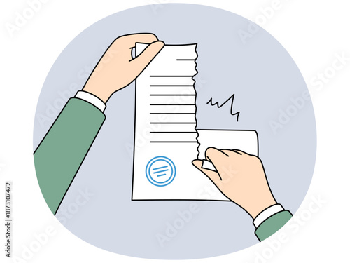 Hands tear up sealed contract to get rid of non-income-generating business obligations or quit job. Person destroys legal documents that could indicate criminal actions of business or corporation.