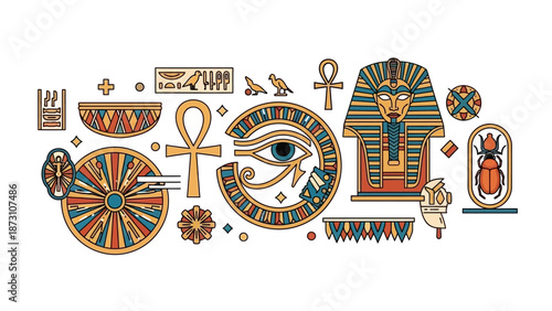 Ancient Egyptian Culture Icons: Pharaoh, Ankh, Eye of Horus, Scarab