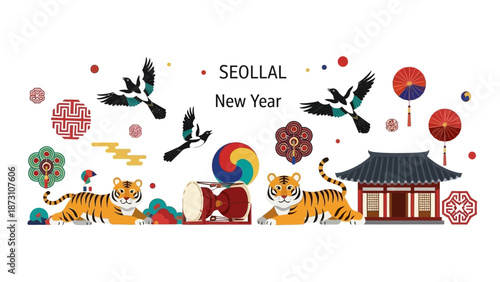 Korean Seollal New Year Tigers, Magpies, Drum, and Traditional House