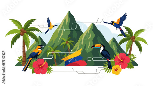 Tropical Venezuela Landscape with Birds and Flag