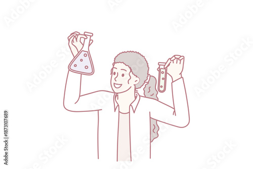 Science chemistry and research concept. Smiling woman chemist in white uniform standing holding flasks for tests in laboratory vector illustration