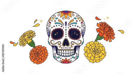 Dia de los Muertos Sugar Skull with Marigolds