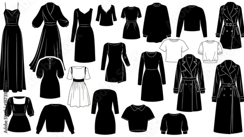 Women fashion clothing collection black silhouettes vector illustration set elegant dresses shirts sweaters coats outerwear trousers jackets blouses diverse
