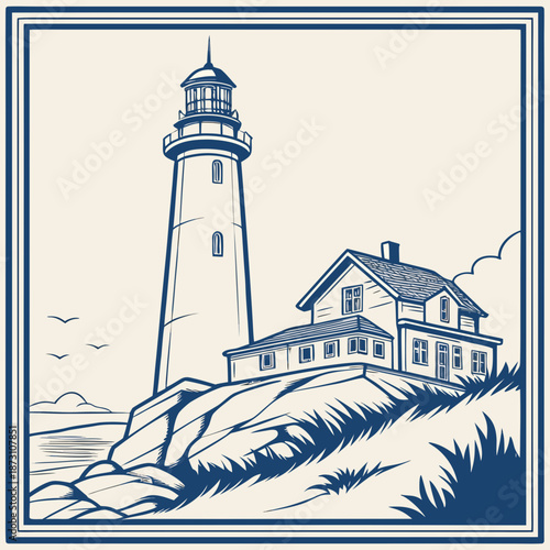Lighthouse and House on Cliffside Vector Illustration.
