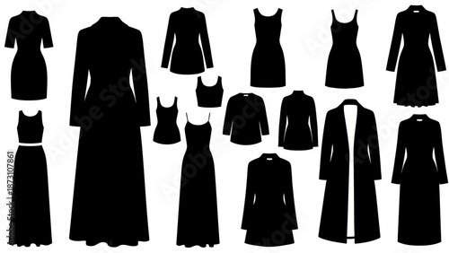 Elegant female apparel black silhouettes vector collection long coats dresses skirts tops formal wear garment design templates contemporary studio 