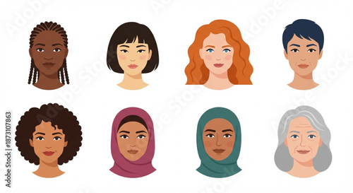 Diverse women's faces illustration set, featuring a collection of female portraits from different ethnicities, ages, and cultural backgrounds, representing global beauty and individuality