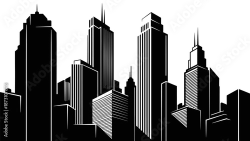 Monochrome dramatic perspective view of large modern skyscrapers and office buildings in an urban setting towering architectural design elements for backgrounds and concepts