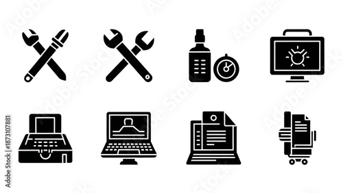 Set of technical support and digital service glyph icons featuring crossed wrenches diagnostic monitors secure laptops detailed documents and time 