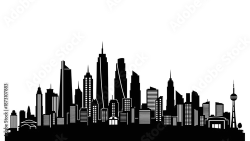 Detailed black silhouette of a dense urban skyline featuring various modern skyscrapers a tall communication tower and commercial buildings against white background