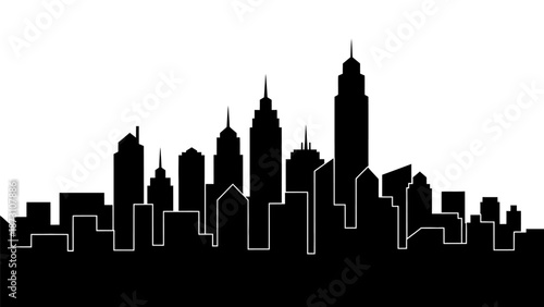 Black silhouette urban cityscape skyline illustration featuring diverse modern skyscrapers and office 