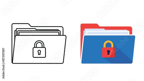 Two distinct styles of file folder icons featuring a prominent padlock symbol illustrating concepts of data security and protected information storage clearly visible