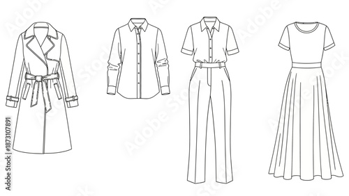 Fashion clothing sketch set includes trench coat button-up shirt short sleeve blouse with tailored pants and short sleeve dress technical drawing for garment design templates