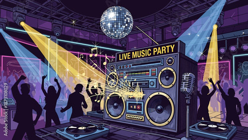 Dynamic illustration of an energetic live music party featuring a vintage boombox, turntables, and a crowd dancing under colorful spotlights and a shimmering disco ball
