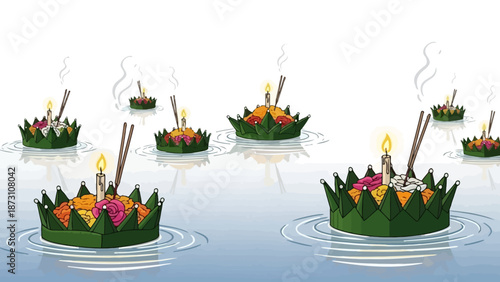 Loy Krathong festival, floating lanterns with candles and incense