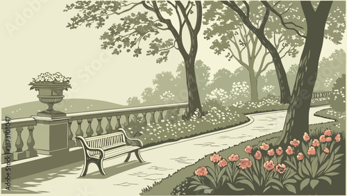 Serene Garden Path with Bench and Flowerbed Illustration.