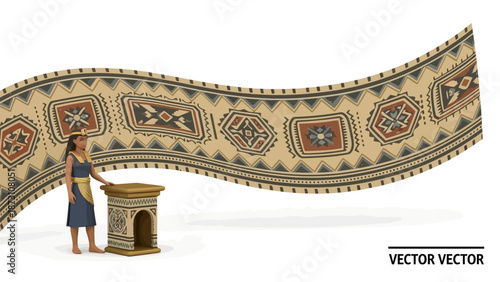 Woman admiring ancient textile pattern and artifact