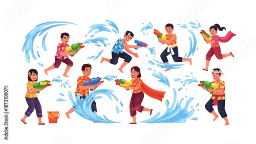 Children Playing Water Guns, Splashing Water Festival Celebration