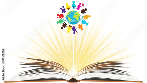 Global Education Concept: Open Book with Diverse Children Around Earth