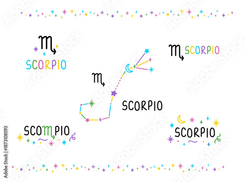 Set of Scorpio zodiac sings. Colorful cartoon constellations and lettering sings. Hand drawn felt-tip pen talisman tattoo, logo, sticker. Isolated element.