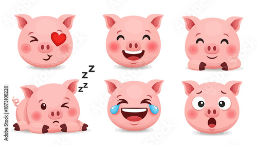 Cute Piggy Faces Showing Various Emotions Like Love, Joy, Sleepiness, Laughter, and Surprise