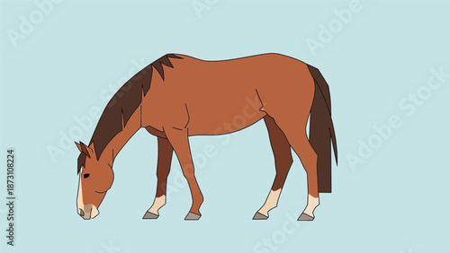 Graceful Brown Horse Grazing Serene Pasture Environment.