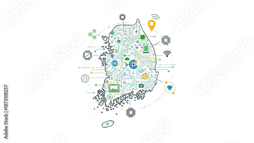 South Korea Map Digital Technology Network Connection Innovation