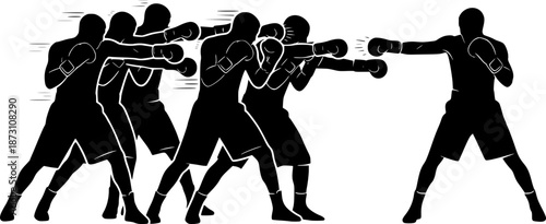 Silhouette Boxing Sequence: Fighter Throwing Punches, Black and White
