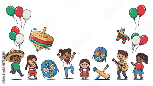 Mexican Children Celebrating Fiesta with Toys and Balloons