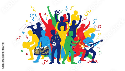 Colorful Crowd Dancing and Playing Music in Celebration